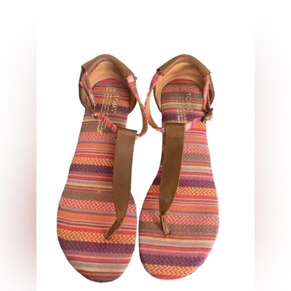 TOMS Playa T-Strap Thong Sandal Leather Canvas Flat Bottom  7.5 W - Picture 1 of 4